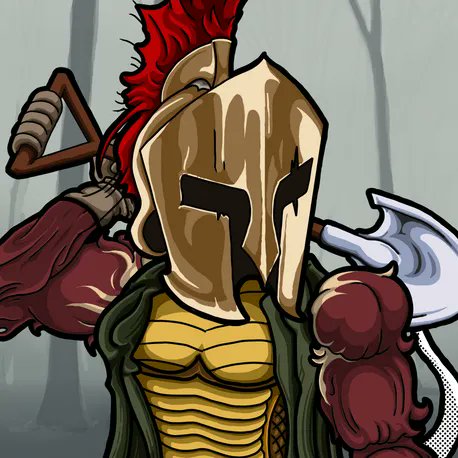 An illustrated Spartan warrior wearing a gold helmet with a red plume holds a weapon and shield, with a dark, forested background.