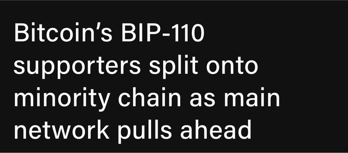 A black banner with white text reading 'Bitcoin's BIP-110 supporters split onto minority chain as main network pulls ahead'.