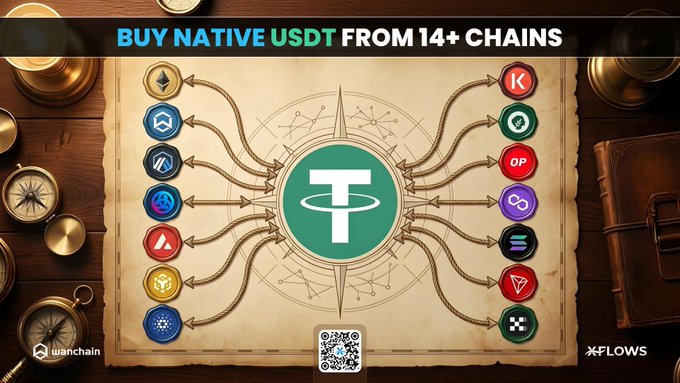 A promotional crypto graphic reading “BUY NATIVE USDT FROM 14+ CHAINS,” centered on a USDT emblem connected to multiple blockchain logos, with “wanchain” at bottom left and “*FLOWS” at bottom right.