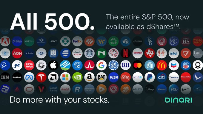 A promotional graphic for 'Dinari' titled 'All 500.' featuring a grid of various company logos and the text 'The entire S&P 500, now available as dShares™.'