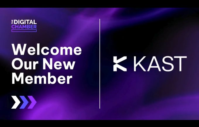 The image features a purple background with white text that reads "Welcome Our New Member @KAST xyz". The text is centered, making it easy to read. Below this, there are two arrows pointing towards each other, suggesting movement or direction. In the bottom right corner of the image, there's a small logo for the Digital Chamber.