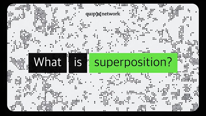 A digital illustration on a dotted background asks 'What is superposition?' with the words 'What' and 'is' in black boxes and 'superposition?' highlighted in green, featuring the 'qup network' logo at the top.