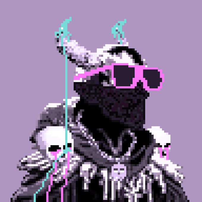 A pixel art character wearing pink sunglasses and a skull-adorned black outfit, holding a cyan weapon against a lavender background.