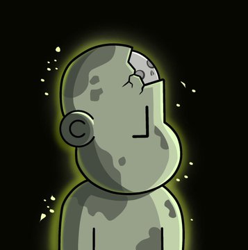 The image features a cartoon character with a broken head, possibly a zombie or a ghost, standing against a black background. The character appears to be in distress due to its damaged appearance. The caption below the image reads "GM CT This is my entry for the @npconchain Art Contest. Had to give my all for this masterpiece since we all know NPC is going to zero I have to REKT it my own way".