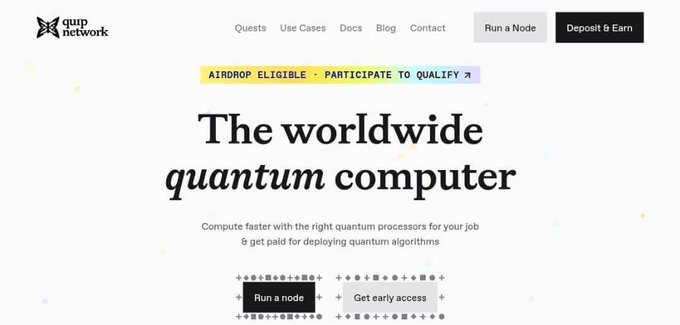 A webpage header for "qurp network" describing "The worldwide quantum computer" with a yellow banner reading "AIRDROP ELIGIBLE · PARTICIPATE TO QUALIFY."