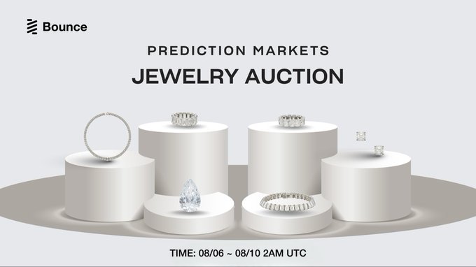 A promotional banner for 'Bounce Prediction Markets Jewelry Auction' from 08/06 to 08/10 2AM UTC, displaying various diamond rings and earrings on white pedestals.