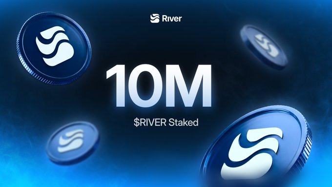 A promotional graphic for River cryptocurrency shows '10M $RIVER Staked' with blue coins featuring the River logo floating against a dark blue background.