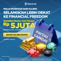 A promotional banner with a blue background reading 'SELANGKAH LAGI DEKAT KE FINANCIAL FREEDOM' and 'Raju 5 JUTA' featuring an image of a car and a calendar.