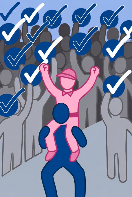 An illustration of a pink figure celebrating with raised arms, surrounded by a gray crowd holding blue circles with white checkmarks.