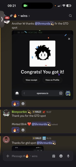 A Discord screenshot in the #🔥·wins channel shows a user celebrating receiving a GTD spot from @Shrmurda, with an OpenSea receipt displaying "Congrats! You got it!" for a "Minted Blnk" NFT. Follow-up messages from Binnycorbin and another user thank @Shrmurda for the GTD spot, corroborating the post about securing guaranteed spots for @HaloCreators.