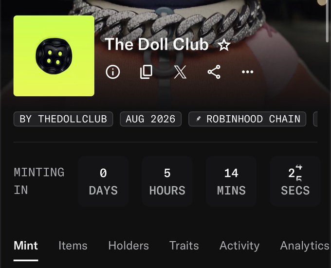 A digital collectible page for 'The Doll Club' by THEDOLLCLUB, showing a minting countdown of 0 days, 5 hours, 14 minutes on the 'ROBINHOOD CHAIN'.