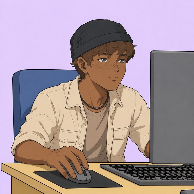 Anime-style illustration of a young man with brown skin, freckles, a dark beanie, white shirt, and a beaded necklace, sitting at a desk using a computer mouse in front of a monitor against a purple background.