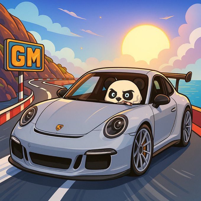 A cartoon illustration shows an angry-looking panda driving a silver Porsche along a coastal road, with a "GM" sign in the background.
