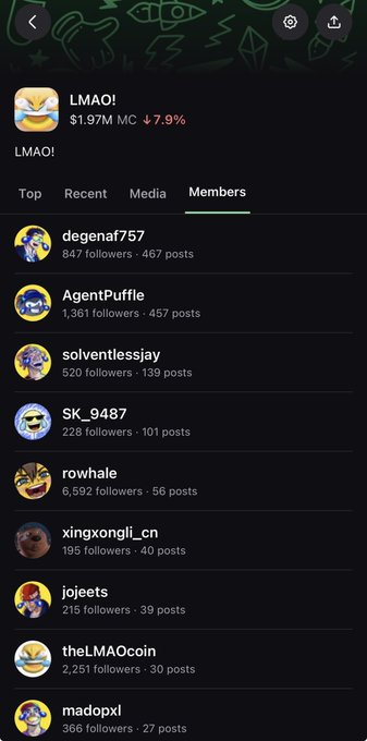 A screenshot of the LMAO! community page ($1.97M MC, down 7.9%) showing the "Members" tab, which lists the top followers including degenaff757, AgentPuffle, solventlessjay, SK_9487, rowhale, xingxongli_cn, jojeets, theLMAOcoin, and madopxl with their follower counts and post numbers.