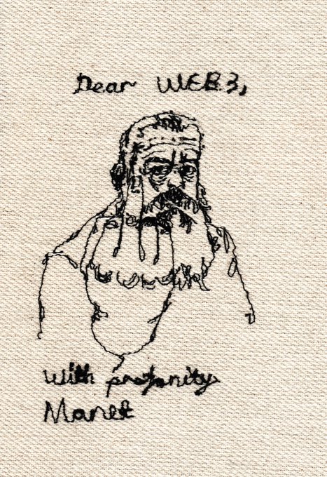 This embroidered artwork depicts a portrait with the text "Dear WEB3, with profanity Manet". It relates to the post about "Gm letters" which seems to refer to digital collectibles or NFTs, with the inscription potentially referencing the current creator economy or digital art scenes.