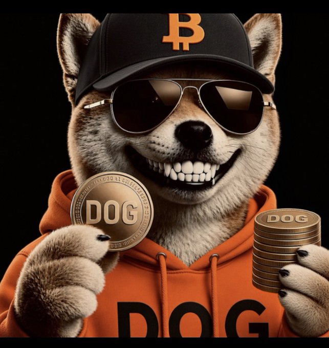 A Shiba Inu dog wearing sunglasses, a black cap with the Bitcoin logo, and an orange hoodie, holding a gold coin labeled "DOG" and a stack of similar coins.