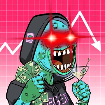 A cartoon illustration of a zombie-like character with glowing red eyes, sharp teeth, wearing a hoodie and holding cash and a martini glass, set against a pink grid background with a downward-trending graph.