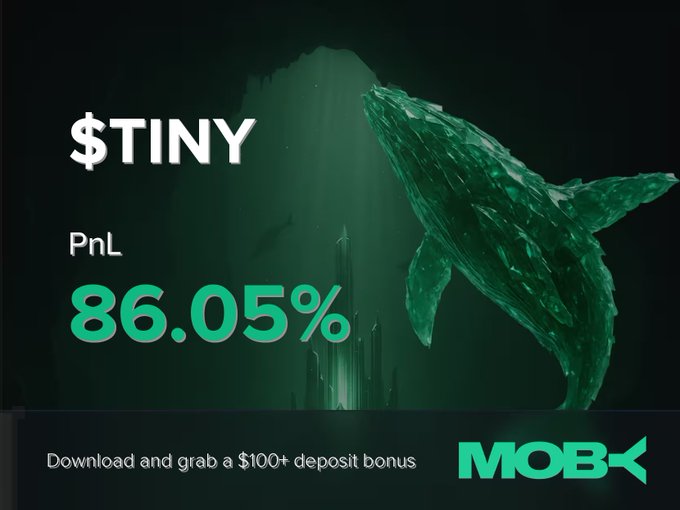 A Moby promotional graphic showcases a whale composed of green pixelated data, celebrating a trader's win on the $TINY ticker with a notable PnL of 86.05% and a $100+ deposit bonus offer.