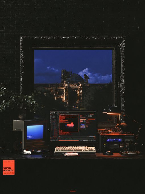 A dimly lit desk setup features a computer monitor displaying red-themed code and a heart graphic, alongside a keyboard, a small CRT showing a Windows XP-style blue screen, and a large framed picture of a domed cathedral at night. The "pump and dump" caption thematically links to the red-trending code on screen, suggesting financial market manipulation or volatility. A "SHO STUDIO" watermark is visible in the lower left corner.