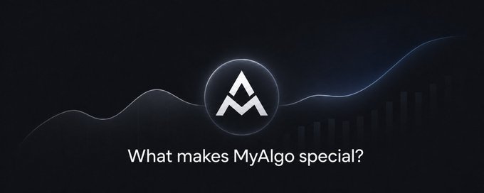 A dark promotional banner featuring the MyAlgo logo (a stylized "M" inside a glowing circle) with the headline "What makes MyAlgo special?" set against a faint, clean wave and bar chart background—visually reinforcing the post's emphasis on streamlined, clutter-free trading tools that reduce emotional decision-making.