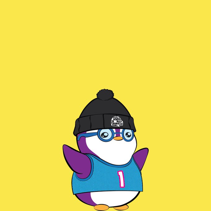A cartoon penguin wearing a black beanie with a globe logo, blue glasses, and a teal jersey marked "1" stands against a bright yellow background, resembling a Lil Pudgy NFT character. The image illustrates the post about a fresh wallet purchasing 51 Lil Pudgys for $49.6K in ETH and PENGU.