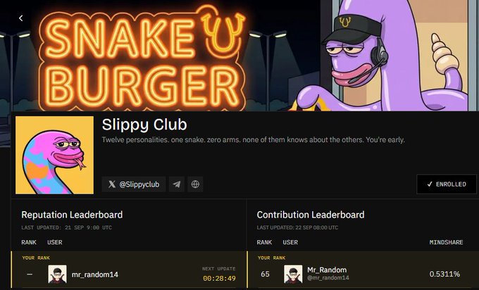 A 'Slippy Club' (SNAKE U BURGER) leaderboard page with the text 'Twelve personalities, one snake, zero arms,' showing user 'mr_random14' at rank 65 on the Contribution Leaderboard with 0.5311% Mindshare.