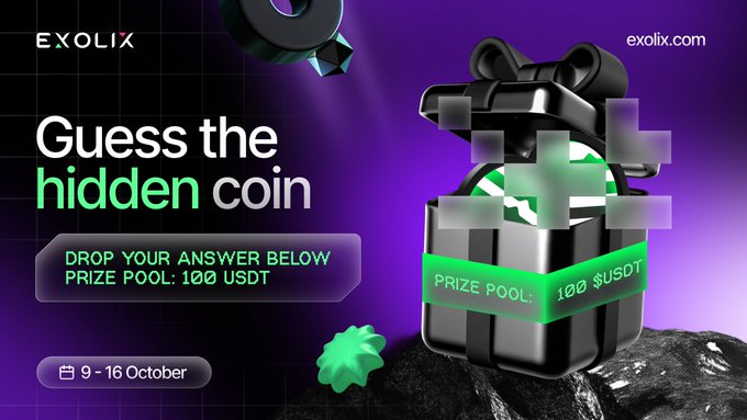 A promotional graphic for EXOLIX (exolix.com) featuring a pixelated gift box labeled 'PRIZE POOL: 100 USDT' with the text 'Guess the hidden coin' and 'DROP YOUR ANSWER BELOW', running from October 9-16.