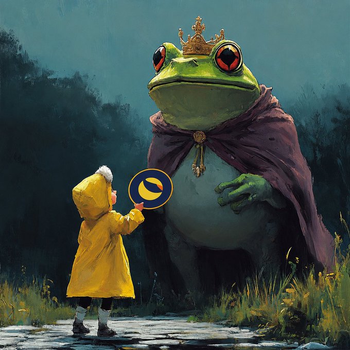 Digital artwork showing a small child in a yellow raincoat holding up a moon symbol to a large anthropomorphic frog wearing a golden crown and purple cape.