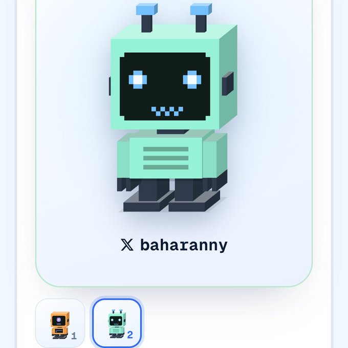 A digital avatar selection screen showing a pixelated green robot character for the username 'baharanny,' with option 2 highlighted.