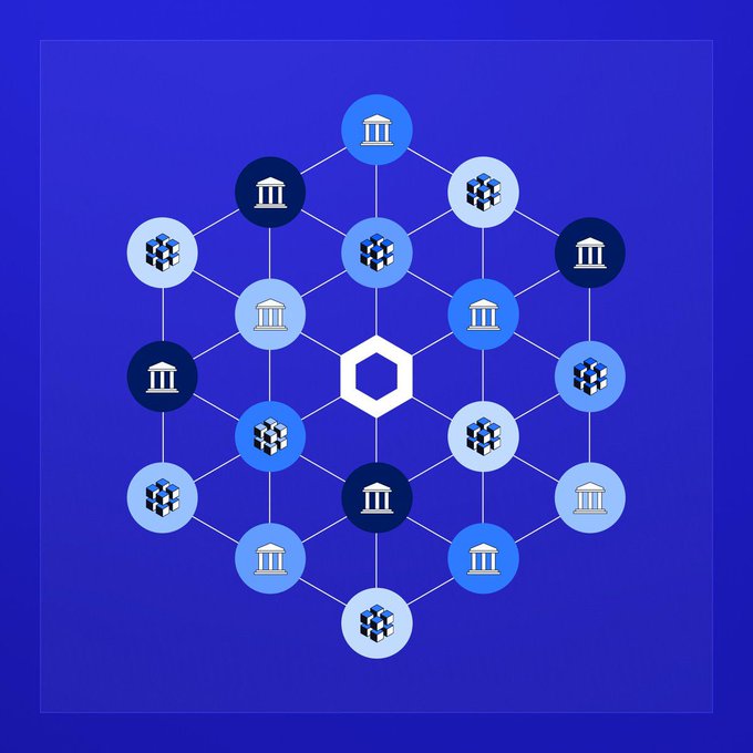 A blue graphic illustration showing a hexagonal network of interconnected nodes featuring building/bank icons and 3D cube icons, with a white hexagon at the center.