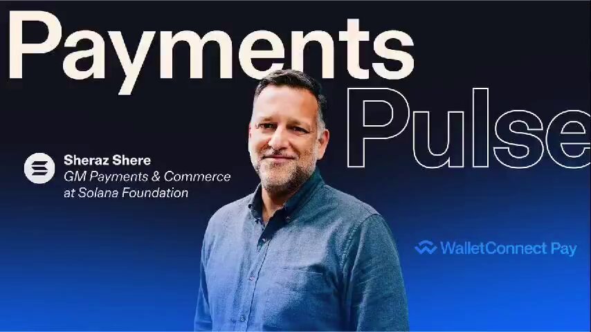 The image features a man wearing a blue shirt, standing against a dark background with white text that reads "Payments Pulse". The man appears to be smiling for the camera, suggesting he might be discussing or promoting payments technology. The image also includes a watermark in the bottom right corner that reads "@WalletConnect".