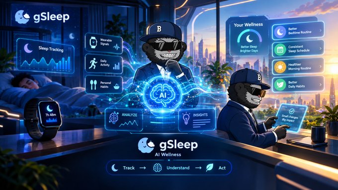 A digital advertisement for 'gSleep AI Wellness' featuring cartoon bears analyzing sleep data, with menu items like 'Sleep Tracking,' 'Wearable Signals,' 'Daily Activity,' and 'Your Wellness.'