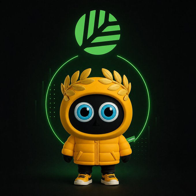 A 3D-rendered character in a yellow puffer jacket and laurel wreath stands against a dark background with a green glowing logo and circular outline behind it.