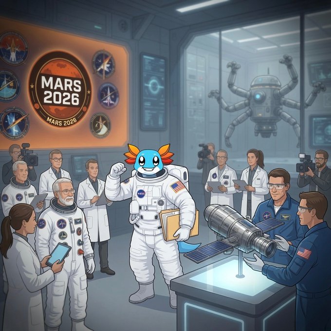 The image depicts a NASA Mars 2026 mission scene where an astronaut in a spacesuit surrounded by scientists and engineers proudly displays a "MARS 2026" emblem, alongside a robotic probe and spacecraft components being examined. The cartoonish axolotl mascot on the astronaut's helmet playfully personifies the "Mission moon-your-bags" slogan, suggesting a lighthearted, luggage-pack-ready departure for the upcoming Red Planet expedition.