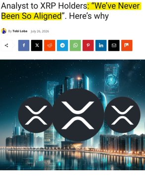 The image is an article thumbnail from TimesTabloid titled "Analyst to XRP Holders: 'We've Never Been So Aligned'. Here's why," by Toki Toba dated July 26, 2026. It features three large XRP logos overlaid on a nighttime cityscape with illuminated skyscrapers, visually reinforcing the bullish analyst commentary about XRP's alignment.