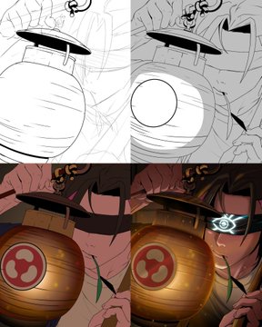 A four-panel image showing the progression of a digital artwork depicting a lantern with a mitsudomoe symbol, from rough sketch to fully rendered, glowing version.