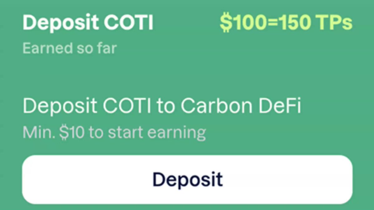In this image, there is a screenshot of a website advertisement for a trading platform called COTI. The text in bold below the screenshot states that if you create an effective trading strategy using $COTI, you can earn TPs-equivalent. This means that if you manage to make any profits within the $COTI Trading Strategy Earn Season, you will be rewarded with TPs.