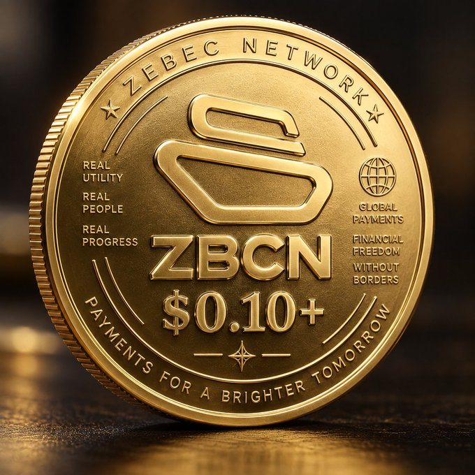 Close-up of a gold commemorative coin for the 'ZEBEC NETWORK' with ticker 'ZBCN' priced at '$0.10+', inscribed with 'PAYMENTS FOR A BRIGHTER TOMORROW' and slogans like 'REAL UTILITY' and 'FINANCIAL FREEDOM WITHOUT BORDERS'.