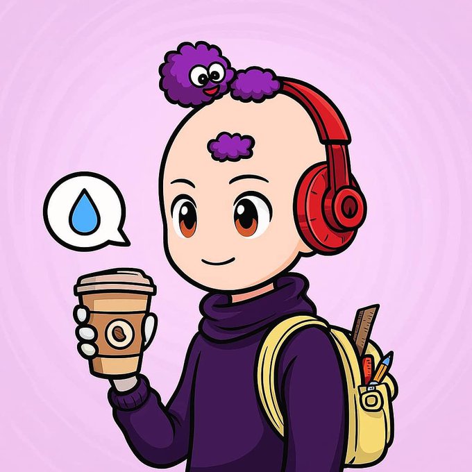 A chibi-style illustration features a bald character with a small purple cloud on his head, wearing red headphones and a purple sweater, holding a coffee cup with a water drop symbol beside him.