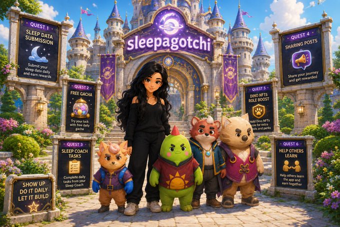 A young woman stands with four colorful mascot characters in front of a fantasy castle labeled "sleepagotchi," surrounded by six quest panels highlighting rewards like "SLEEP DATA SUBMISSION," "FREE GACHA," "SLEEP COACH TASKS," "DINO NFTS ROLE BOOST," "SHARING POSTS," and "HELP OTHERS LEARN," visually reinforcing the post's message about earning real rewards through natural daily habits like sleep tracking rather than tedious grinding.