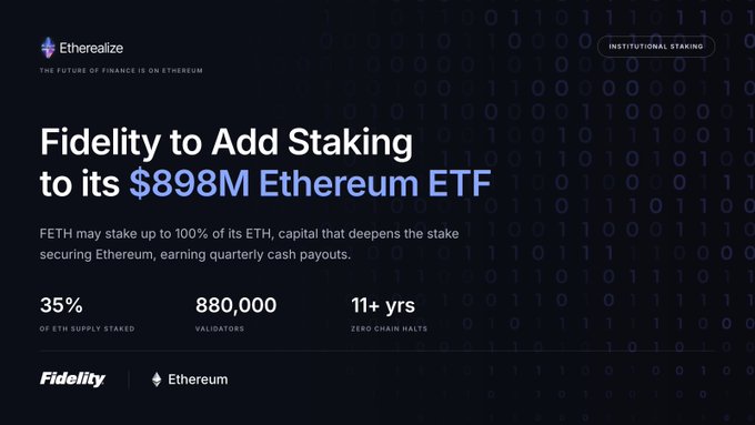 The image is a promotional graphic from Etherealize titled "Fidelity to Add Staking to its $898M Ethereum ETF," highlighting that FETH may stake up to 100% of its ETH, noting 35% of ETH supply staked, 880,000 validators, and 11+ years of zero chain halts. It relates to the post by providing context for the question about EIP-8363 and staking, as the graphic illustrates Fidelity's institutional staking move and Ethereum's staking network strength—central to the author's inquiry about the nature of staking.