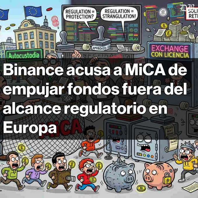 An illustrated news graphic with Spanish text 'Binance acusa a MiCA de empujar fondos fuera del alcance regulatorio en Europa' depicting people running with coins, a piggy bank, and a regulatory office setting.