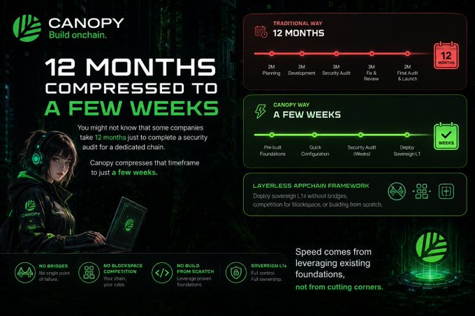 A promotional graphic for Canopy Build Onchain, comparing the 'TRADITIONAL WAY' of taking 12 months for an audit to the 'CANOPY WAY' of taking a few weeks, highlighting features like 'NO BRIDGES' and 'SOVEREIGN L1s'.