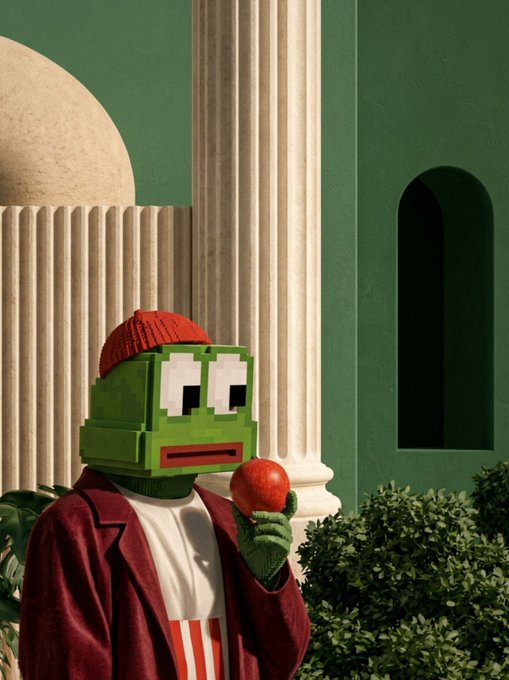 A person wears a green pixel-art frog head mask, red beanie, and burgundy coat while holding a red apple against a backdrop of classical columns and green arches.