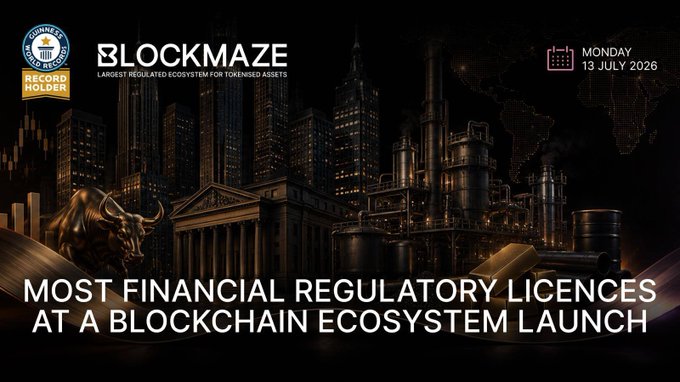 The image is a promotional graphic for Blockmaze, featuring a dark, gold-accented design with a cityscape, golden bull, and classical building. It displays the Guinness World Records logo, the text "BLOCKMAZE – Largest Regulated Ecosystem for Tokenised Assets," the date "Monday 13 July 2026," and the headline "Most Financial Regulatory Licences at a Blockchain Ecosystem Launch." This visually supports the post by showcasing Blockmaze's official Guinness recognition for holding the most financial regulatory licenses at a blockchain ecosystem launch.
