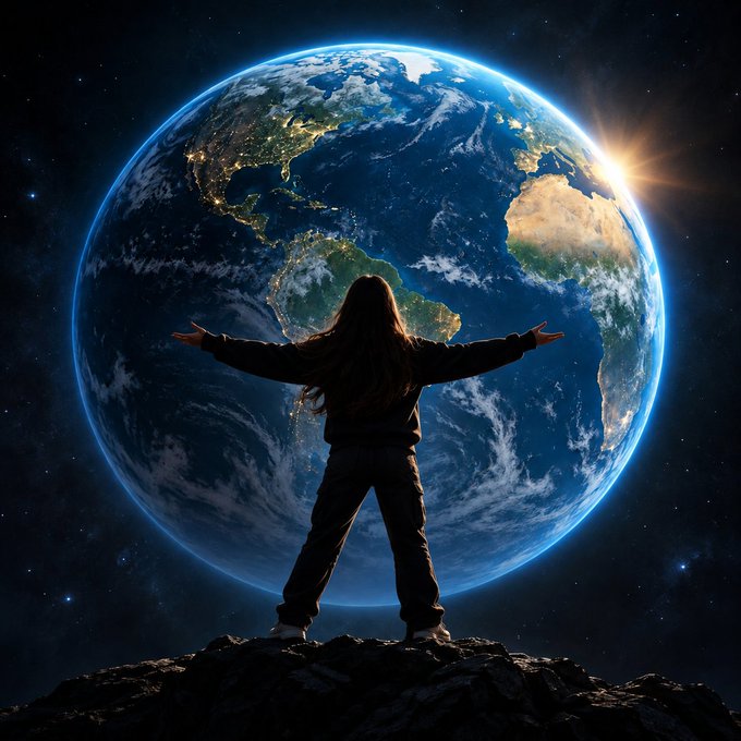 A silhouetted person stands arms-wide on a rocky surface before an enormous glowing Earth, embodying the post’s challenge: “Time to show the world?” No text, numbers, tickers, or names are visible.