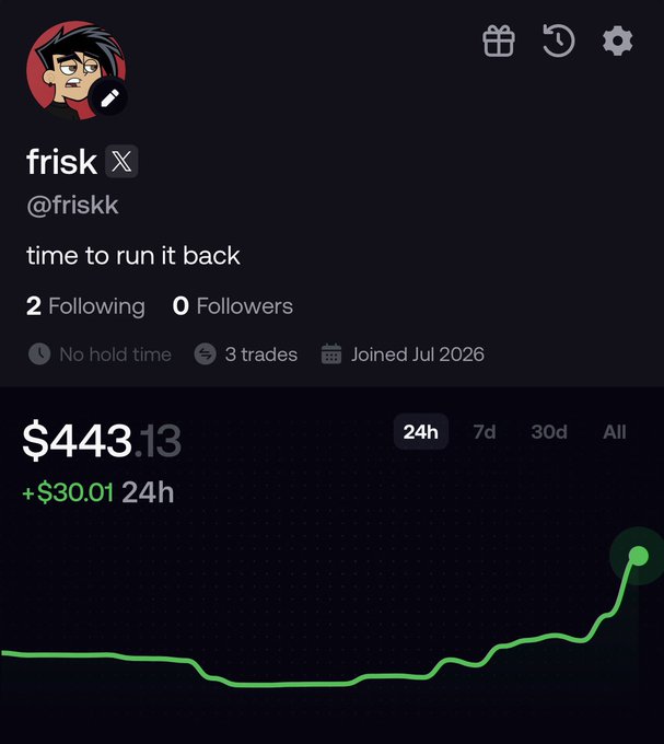 A trading app profile for user 'frisk' (@friskk) with bio 'time to run it back', showing a portfolio value of $443.13 with a +$30.01 24h change.