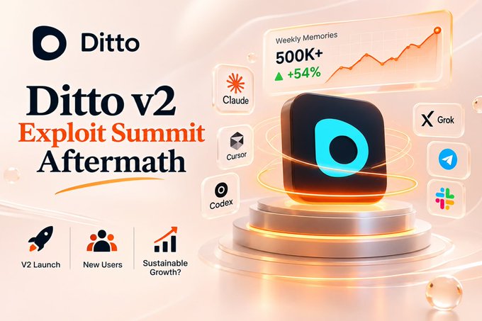 A promotional graphic titled 'Ditto v2 Exploit Summit Aftermath' featuring the Ditto logo, showing 'Weekly Memories 500K+ ▲54%' with icons for Claude, Cursor, Codex, Grok, and other AI tools.