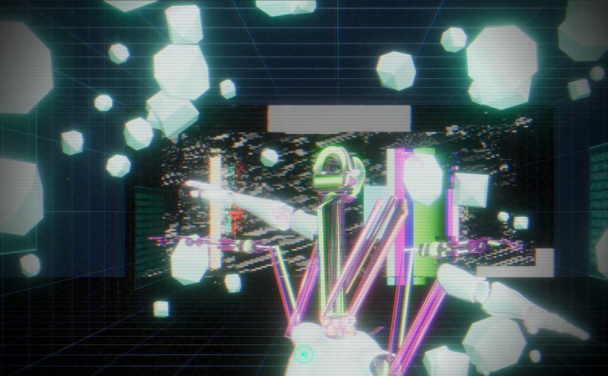 The image shows a computer-generated scene with a robot, possibly a humanoid one, surrounded by neon lights that create an otherworldly atmosphere. The robot appears to be interacting with its surroundings or moving through space. The background features a grid of white lines against a dark blue color scheme, which contrasts with the vibrant colors and neon lights in the foreground. The image also contains text that reads "Available on objkt".
