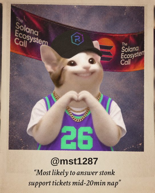 A polaroid-style meme image of the 'smiling cat' making a heart shape with its paws, wearing a cap with an 'R' logo and a green and purple jersey with the number 26, displayed in front of a 'The Solana Ecosystem Call' banner. Text reads: '@mst1287 - "Most likely to answer stonk support tickets mid-20min nap"'.
